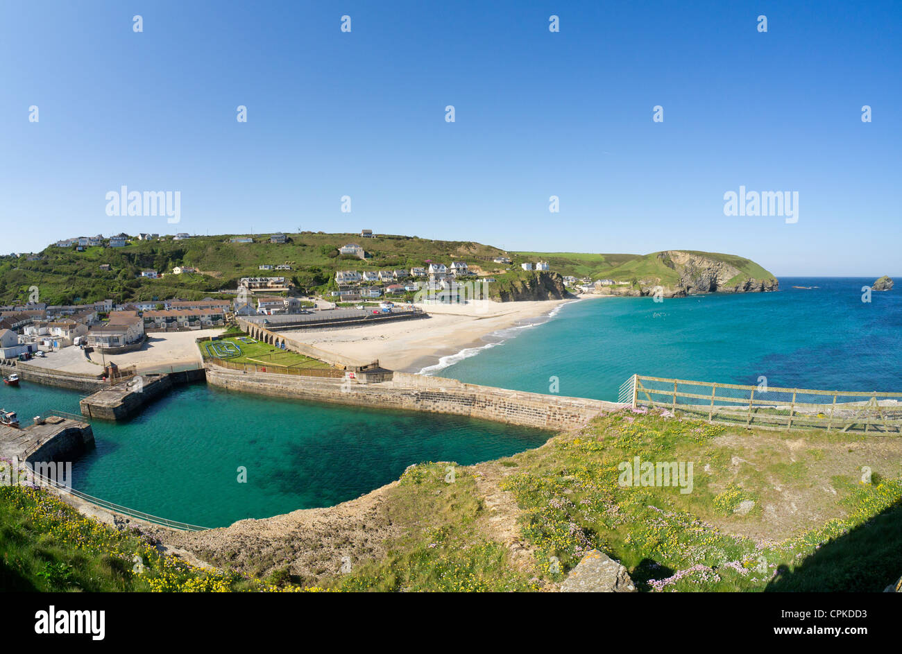Portreath seaside village harbour and beach from Lighthouse hill.  Cornwall UK. Stock Photo