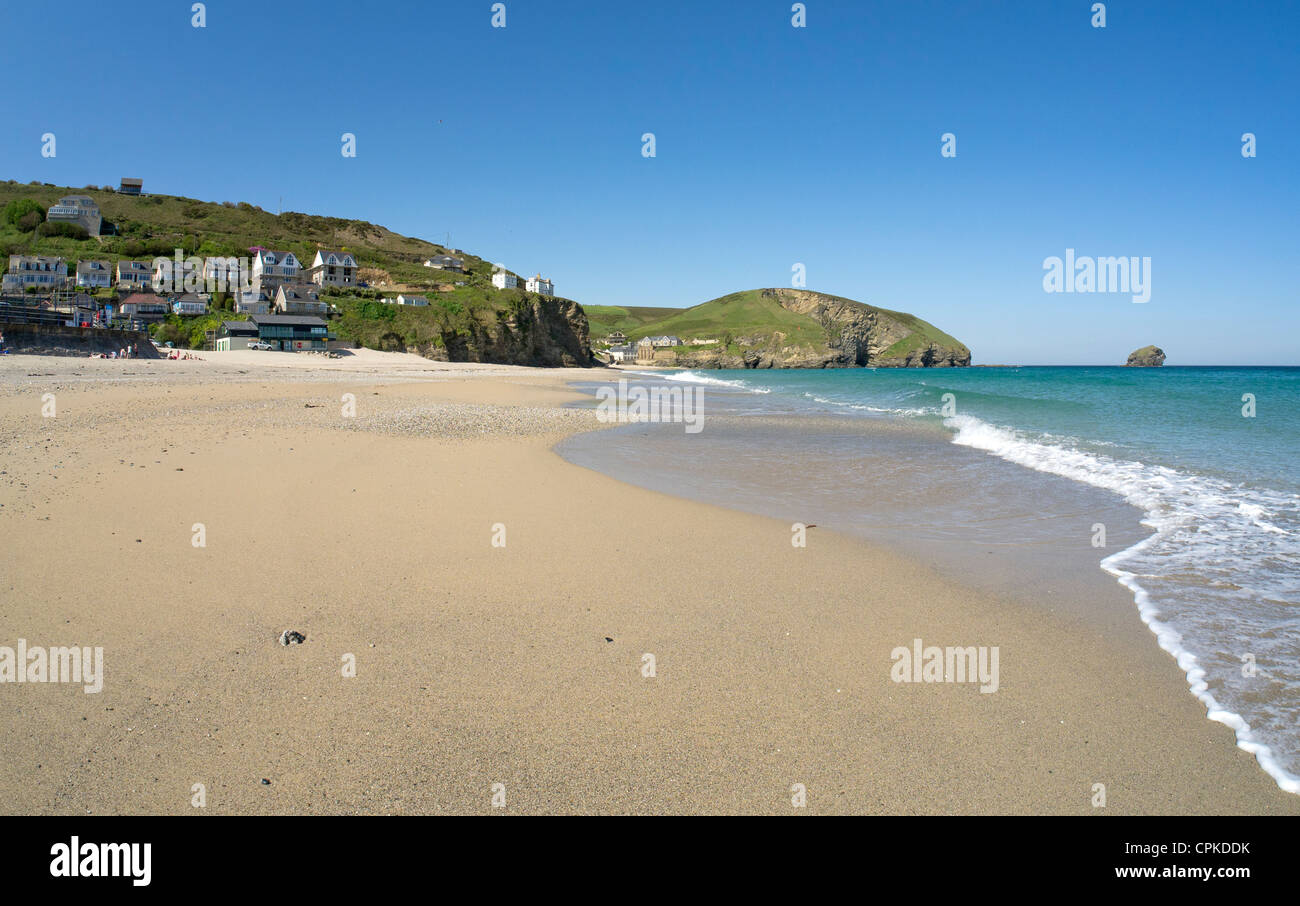 Portreath sandy beach shore line, Cornwall UK. Stock Photo