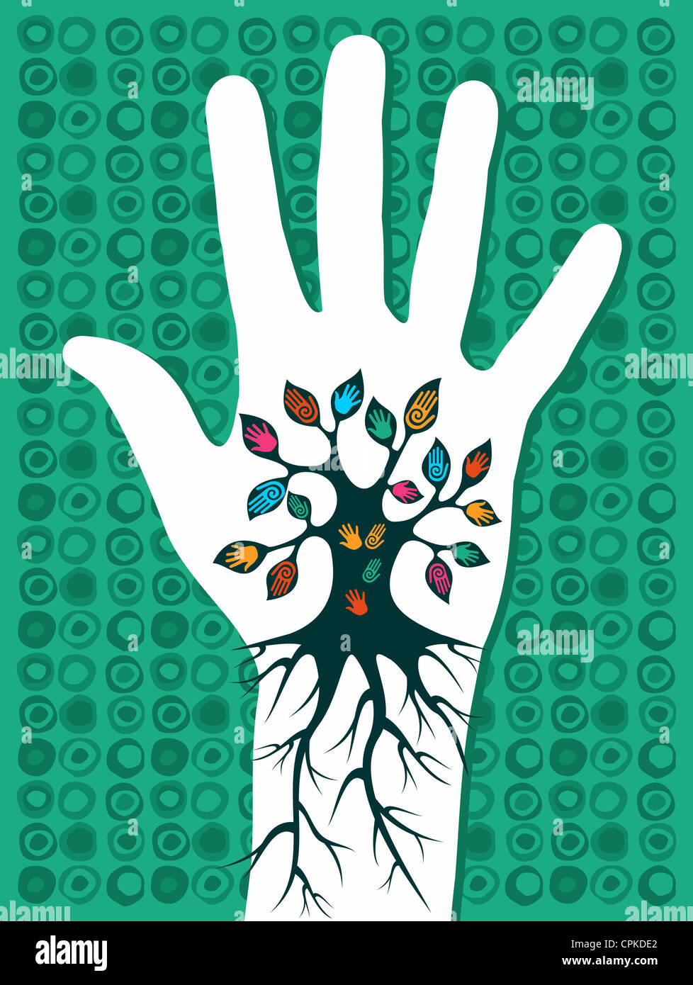 Go green concept tree in hand with roots as veins. Vector file layered for easy manipulation and custom coloring. Stock Photo
