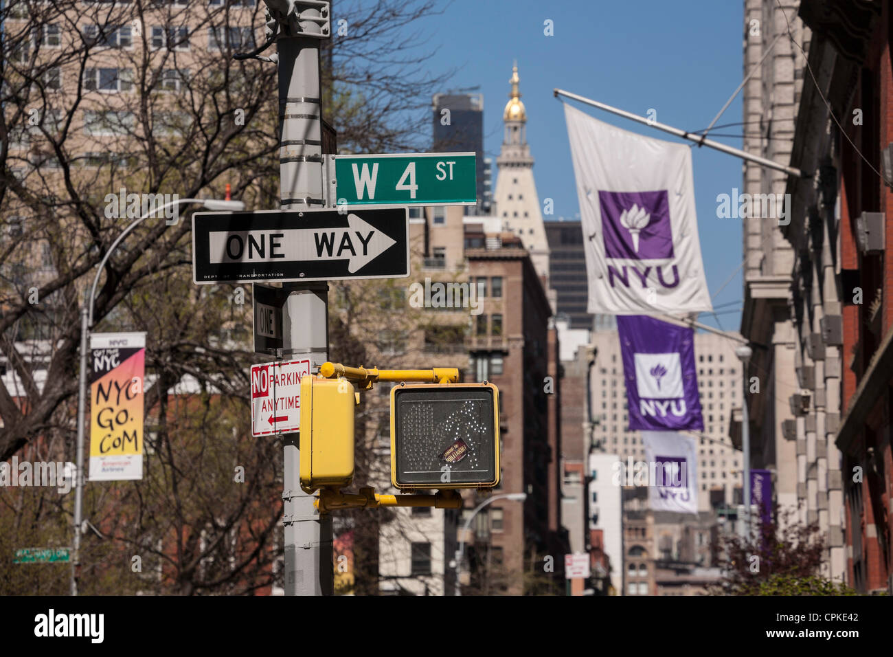 Street Signs and Flags, NYU, Washington Square, NYC Stock Photo