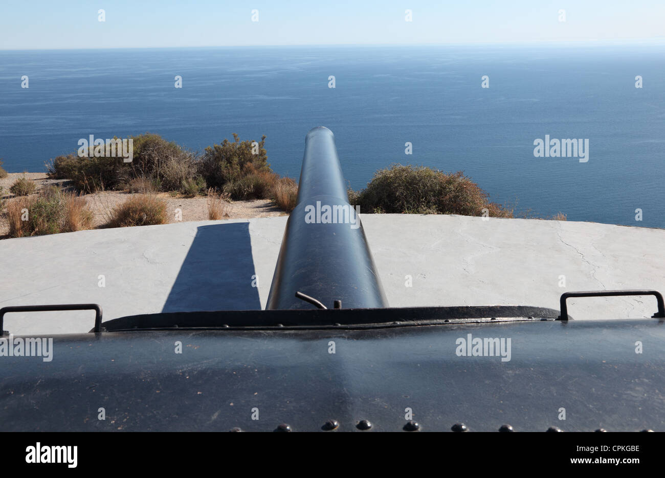 Big anti-ship gun from 1930 measuring 17 meters.  The batteries of Castillitos, Cabo Tinoso, Spain Stock Photo