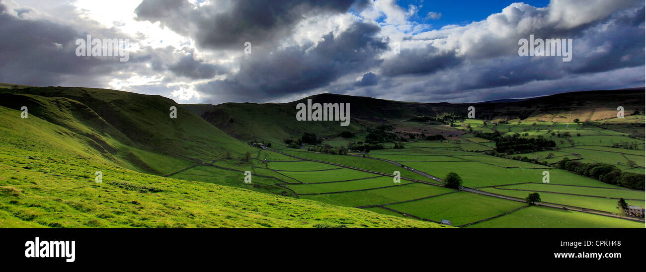 Hope Valley showing Mam Tor and Lose Hill ridge, Castleton village, Peak District National Park, Derbyshire Dales, England, UK Stock Photo