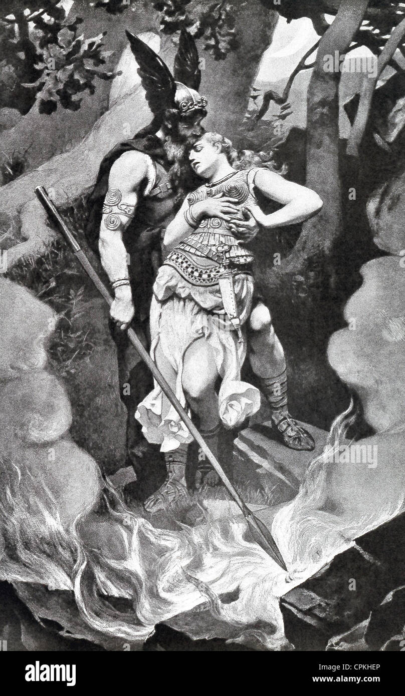 Wotan is taking leave of Brunhild and saying that she must remain asleep until a hero awakens her. Stock Photo