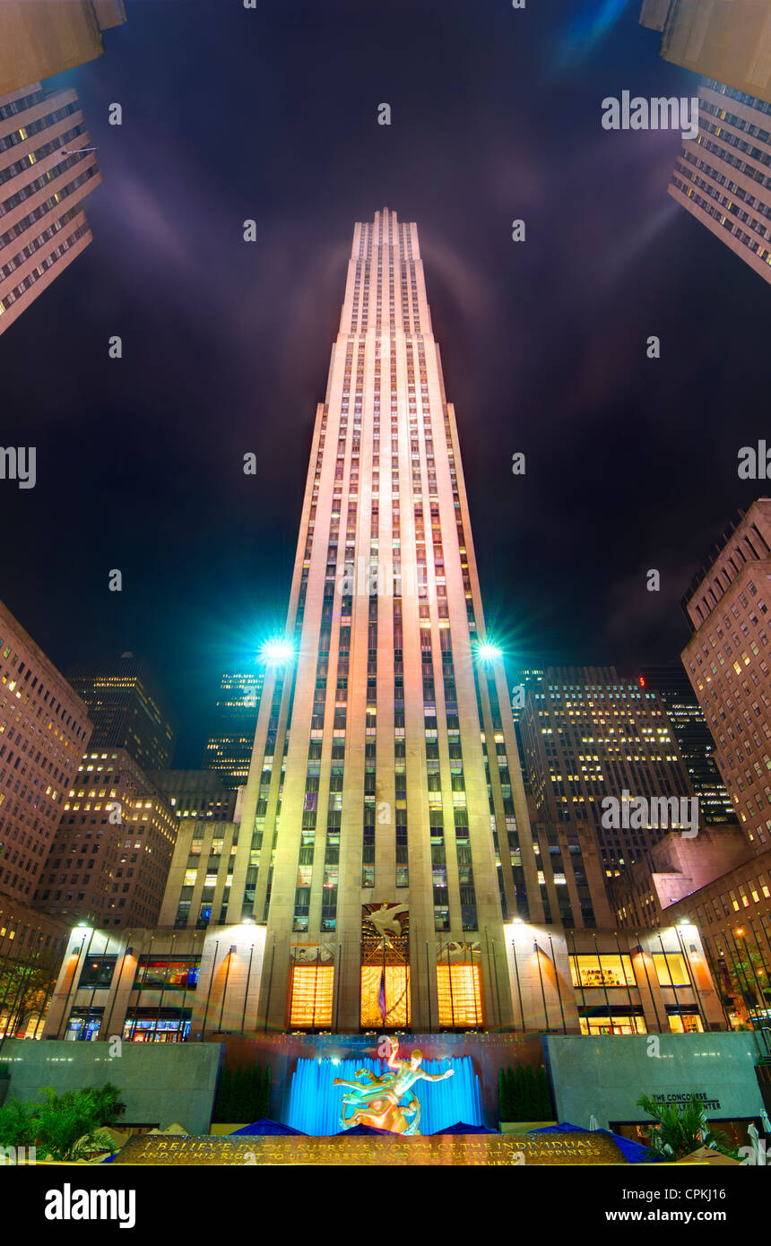 The GE Building stands as the centerpiece of the Rockefeller Center complex in New York, New York, USA. Stock Photo