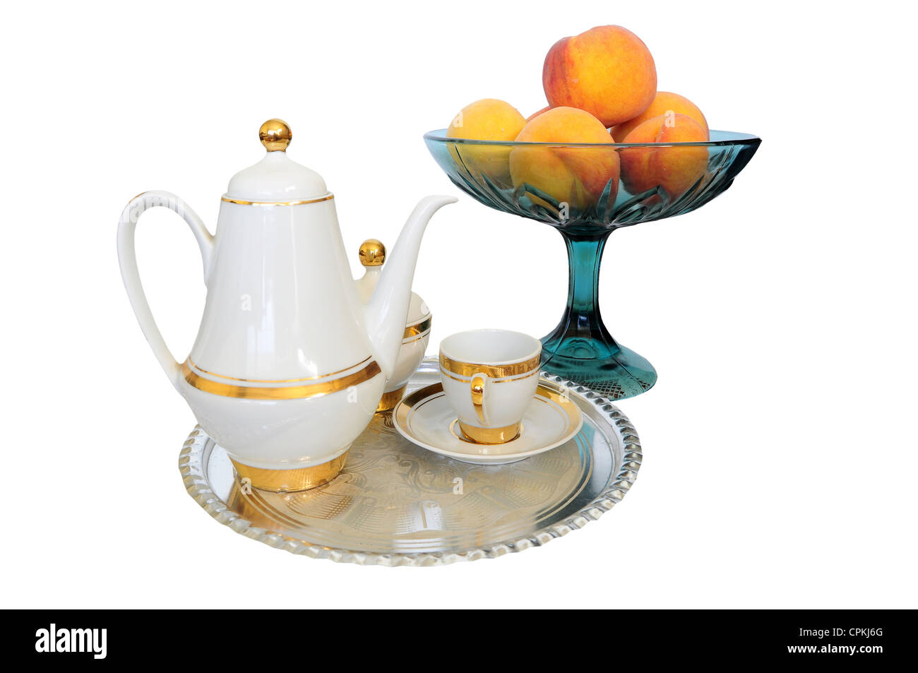 Breakfast set - coffee set, bowl of apricots Stock Photo