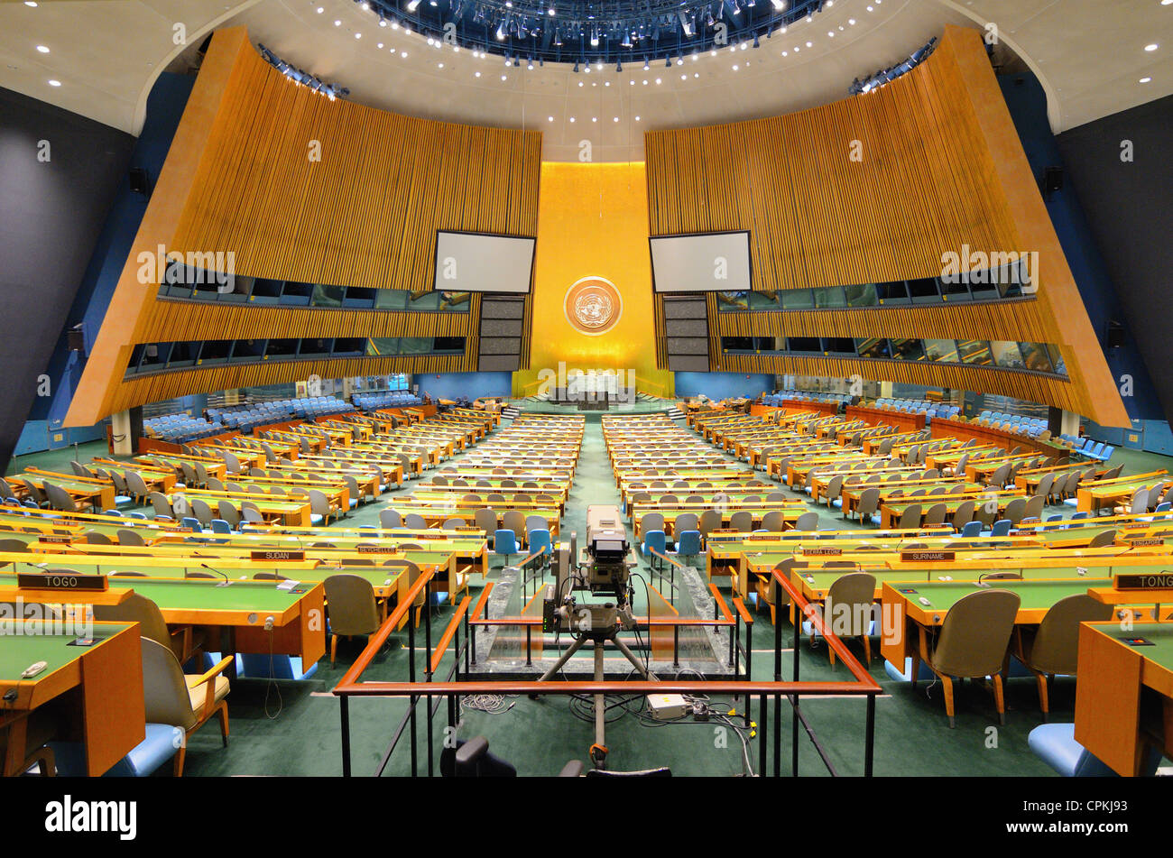 Interior of the United Nations General Assembly Hall at the United Nations Headquarters in New York, New York, USA. Stock Photo