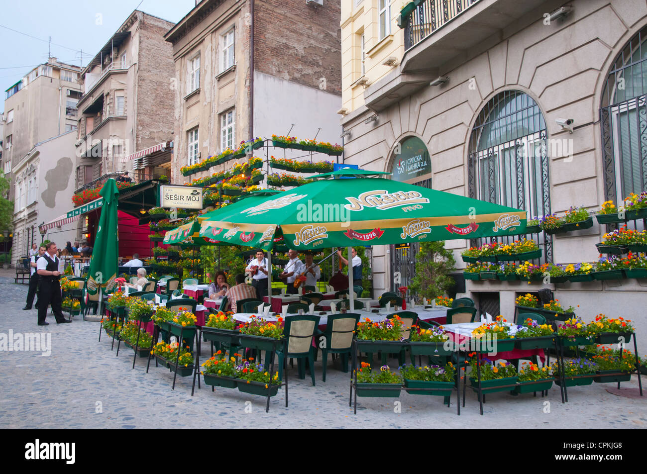 Restaurant terraces along Skadarska street Skadarlija bohemian quarter central Belgrade Serbia Europe Stock Photo