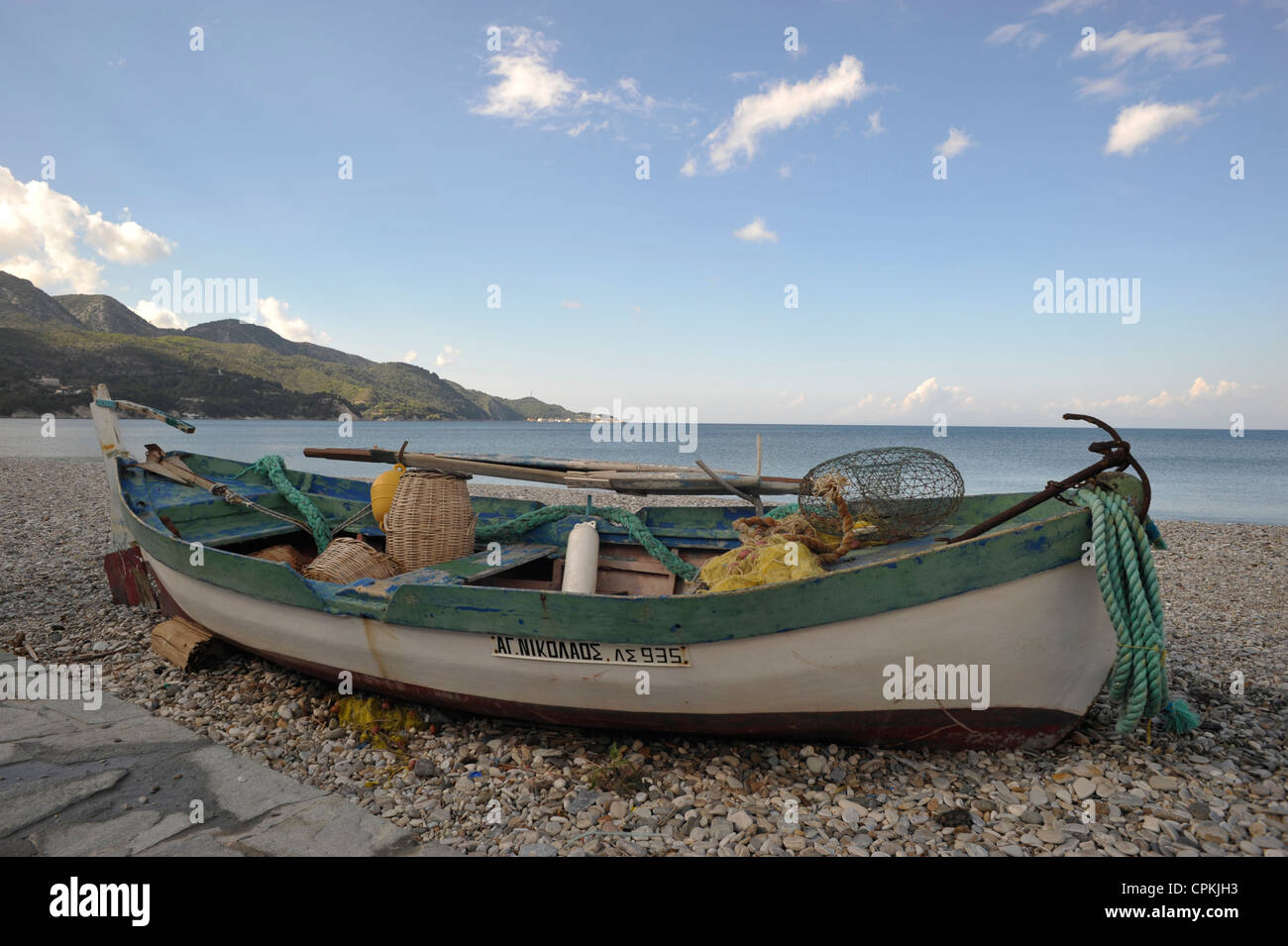 Traditional fishing boat, Kokkari Samos Greece. Stock Photo