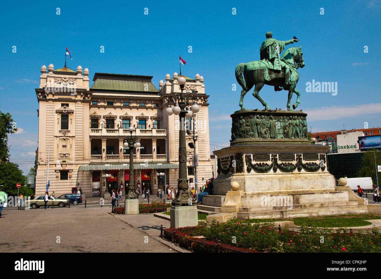 Trg Republike square with National Theatre and statue of Prince Mihailo central Belgrade Serbia Europe Stock Photo