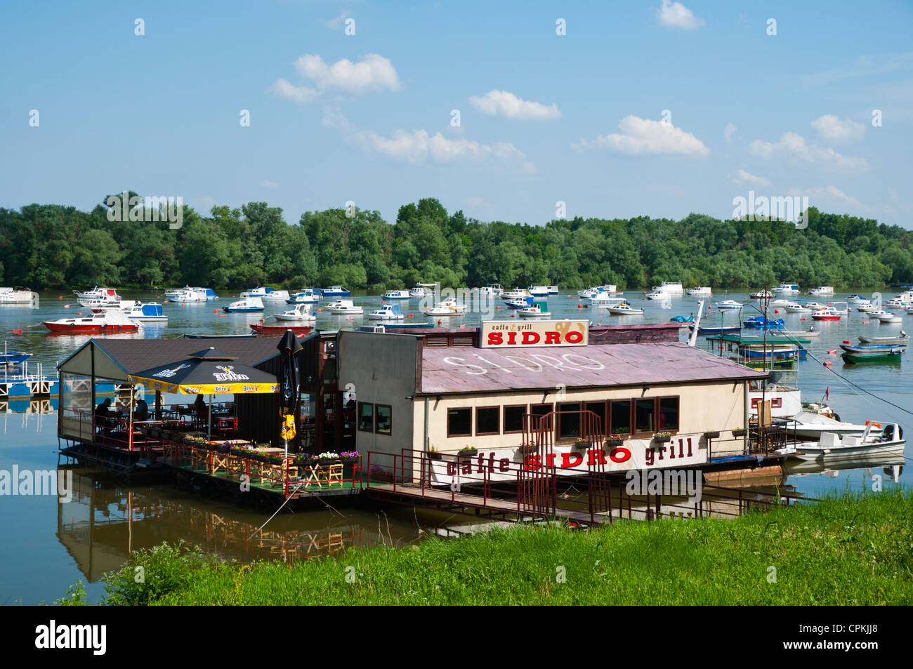 Floating restaurant along Zemunski kej riverside promenande Zemun area Novi Beograd district Belgrade Serbia Europe Stock Photo