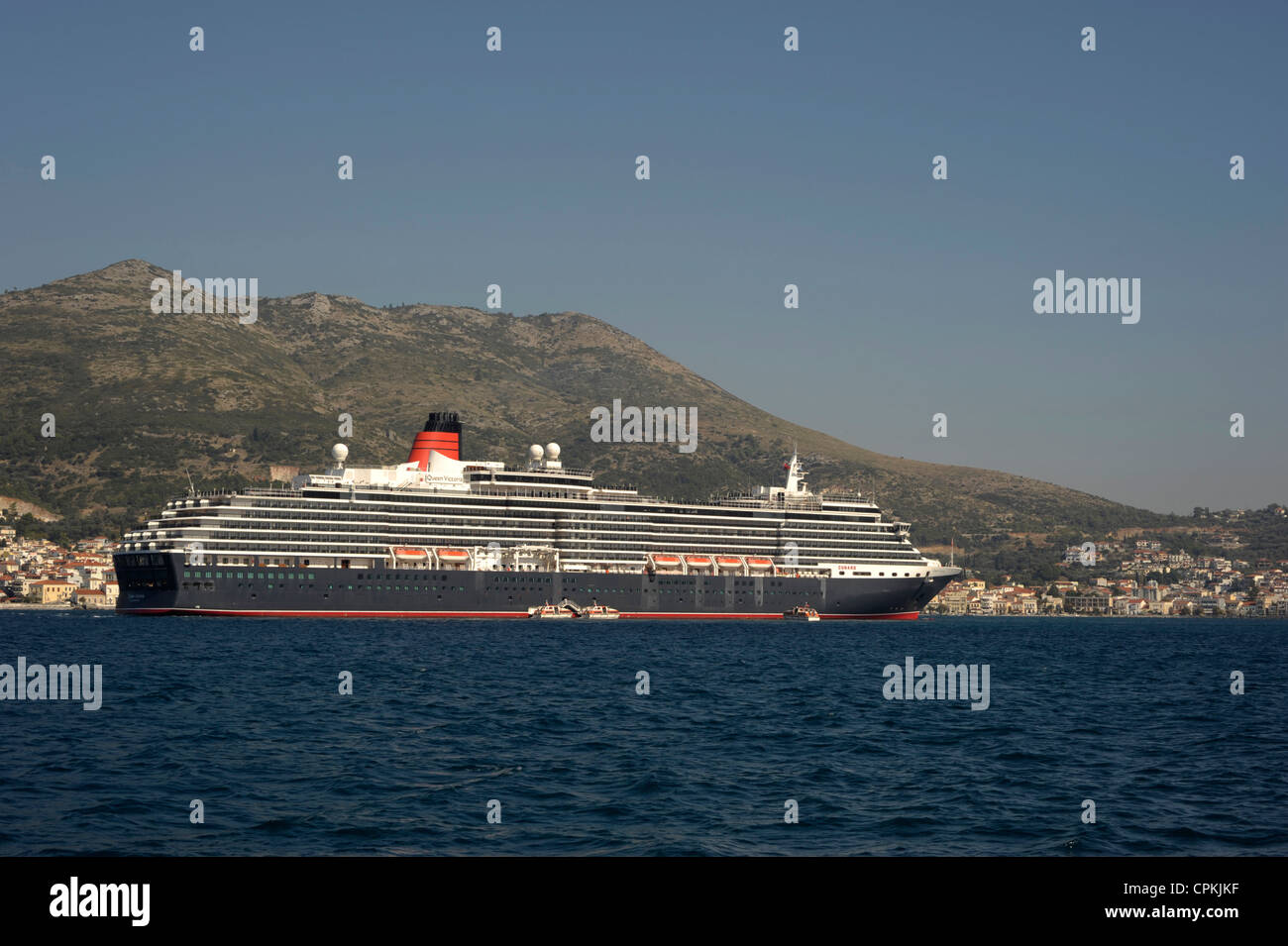 Cunard Line Cruise Ship 'Queen Victoria' anchoring at Samos island, Greece. Stock Photo