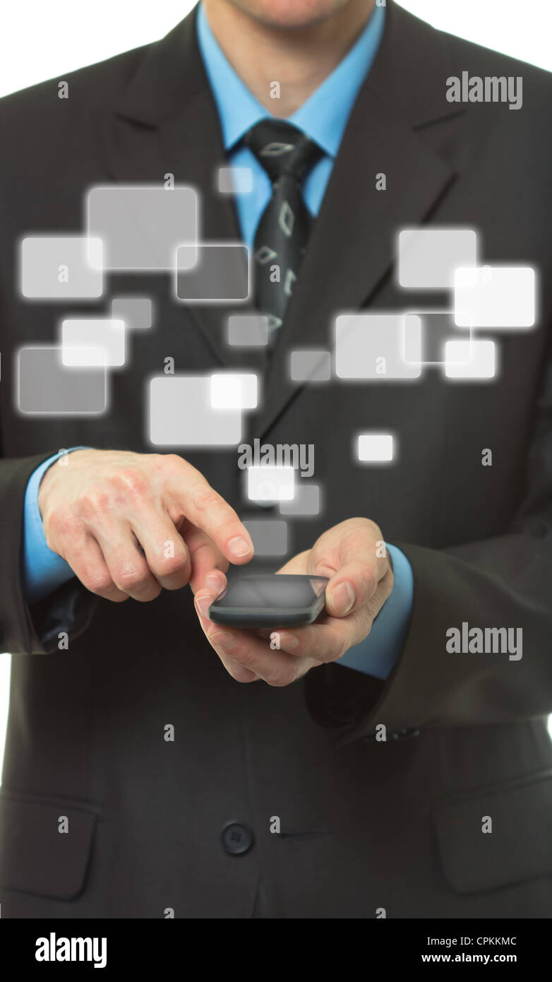 Businessman hand hold Touch screen mobile phone and virtual buttons ...