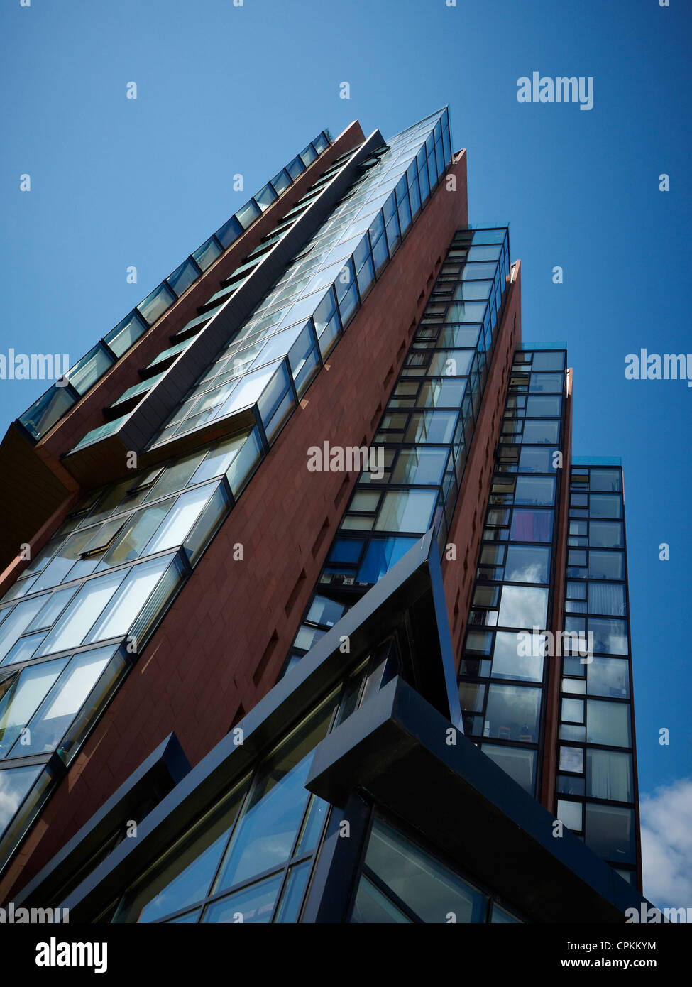 Looking up at New Islington Wharf apartments in Ancoats Manchester UK