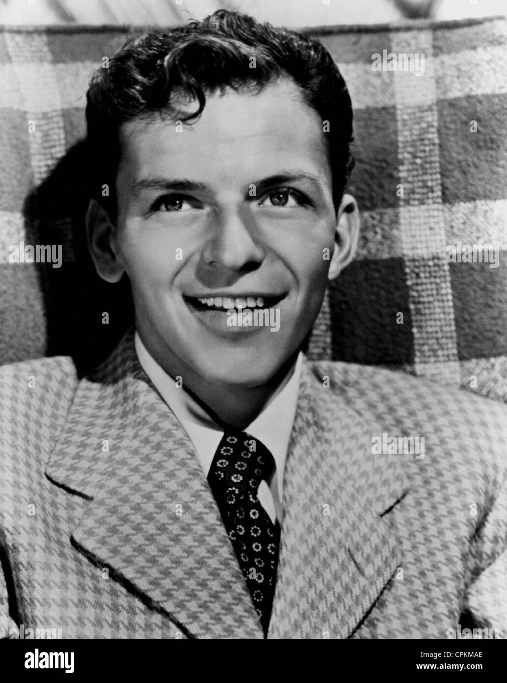A black and white portrait of the film star and singer Frank Sinatra taken in Los Angeles in 1949. Stock Photo