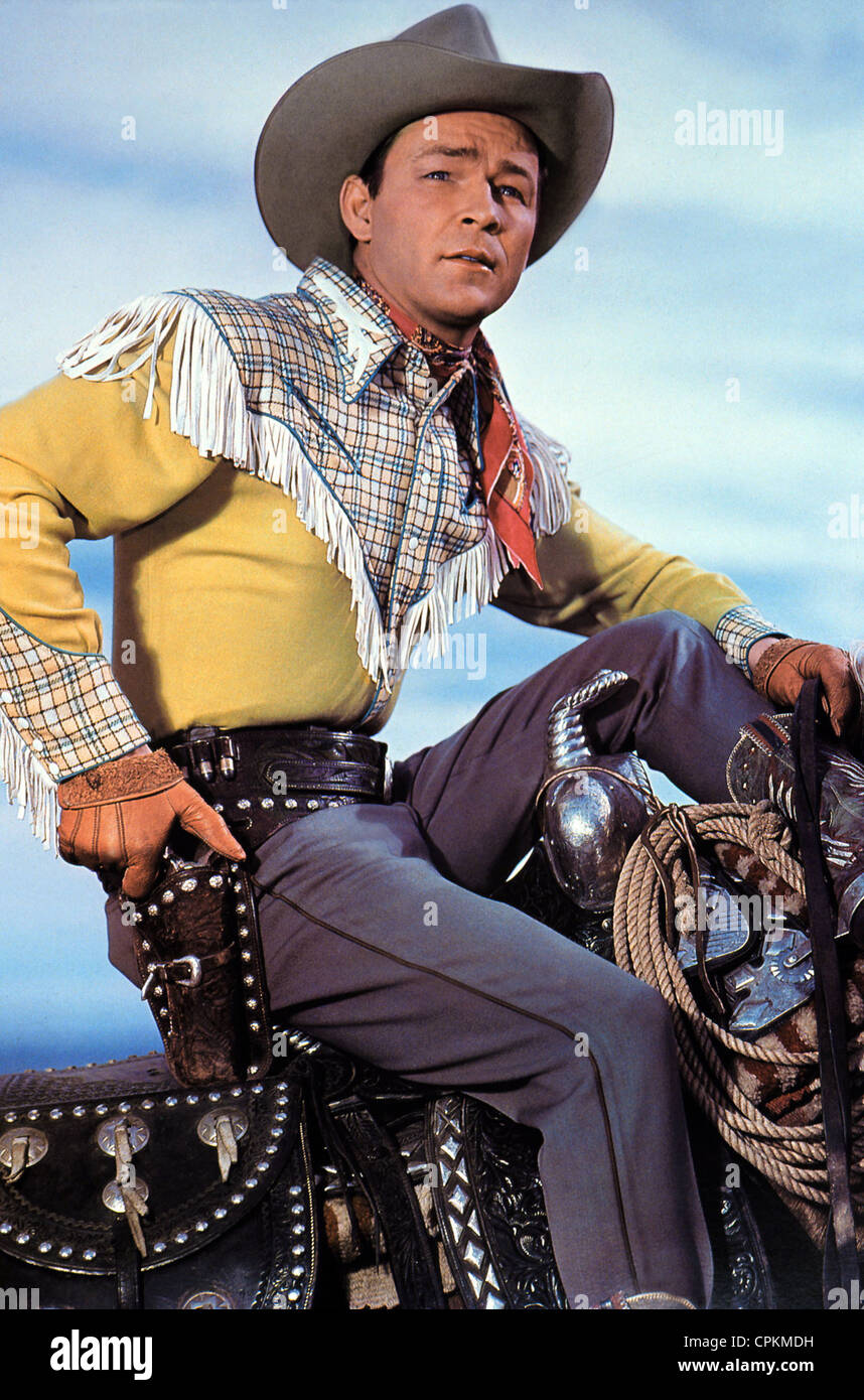 Cowboy Roy Rodgers riding his horse Trigger in 1945 - color image Stock ...
