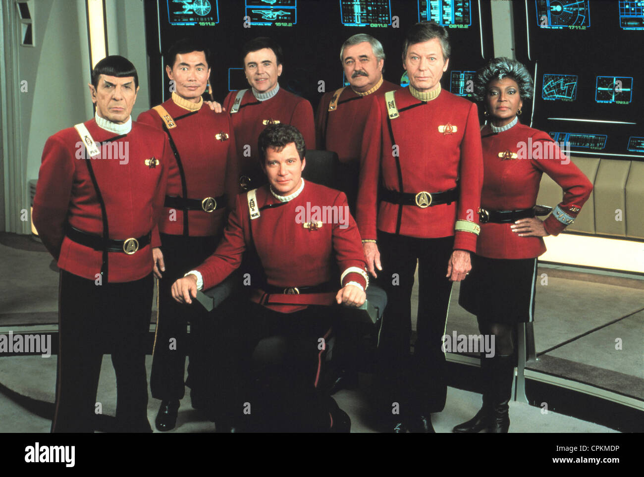 A color portrait of the cast of Star Trek pictured in the 1989 film 'The Final Frontier - Star Trek V'. Stock Photo