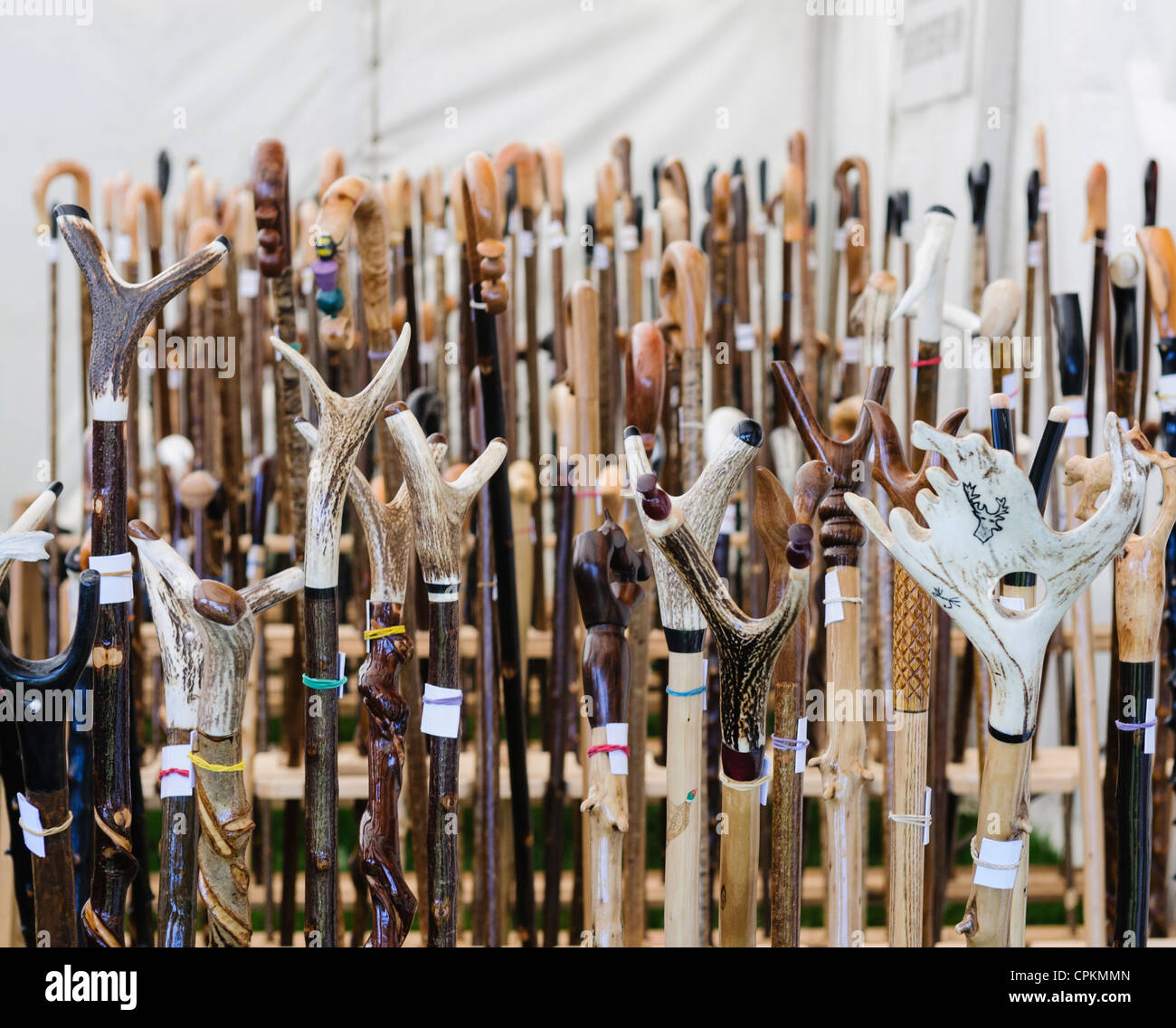 Selection of walking sticks for sale Stock Photo
