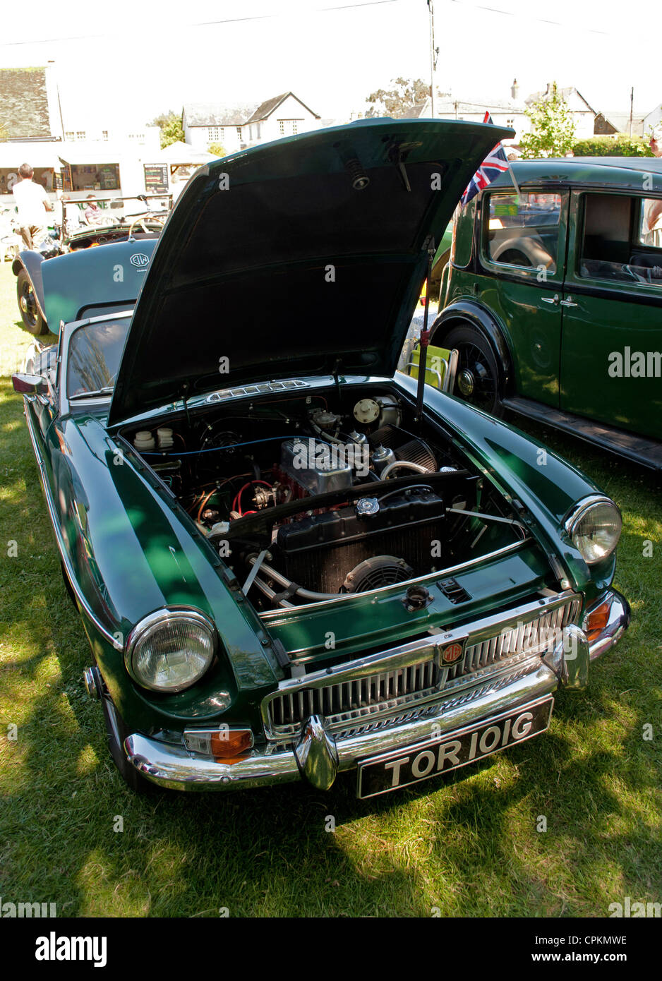 Restored MGB roadster 1969 G reg with bonnet up revealing engine bay, classic car show, Yarmouth Old Gaffers Festival, Isle of Wight Stock Photo