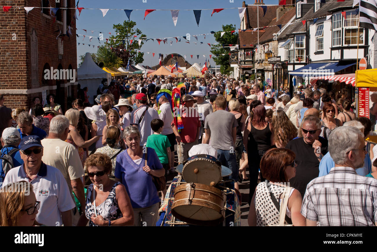 Street scene, crowd of people at the Old Gaffers Festival, local carnival, Yarmouth, Isle of Wight, 2012 Stock Photo