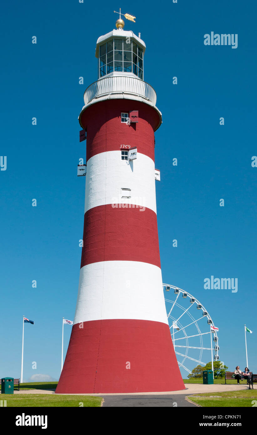 Red and white former lighthouse Smeaton's Tower on Plymouth Hoe, Devon, UK Stock Photo