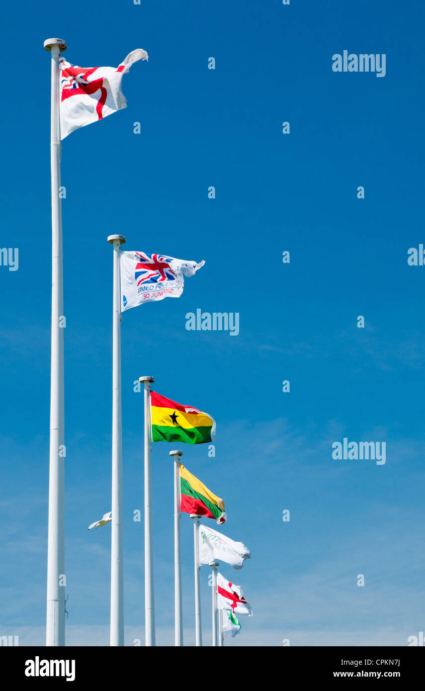 Colourful flags flying at Plymouth Hoe, Devon, UK Stock Photo