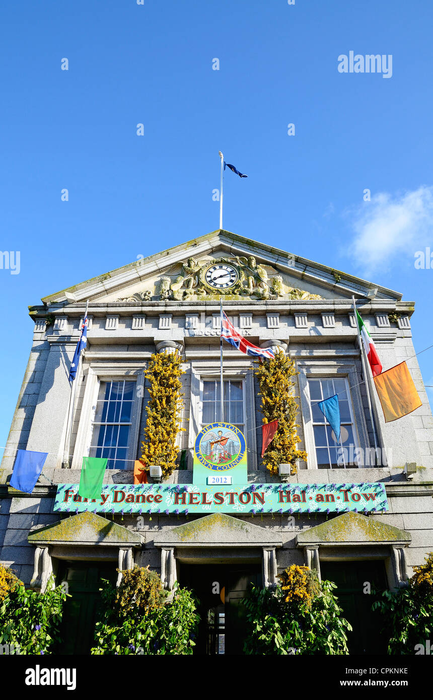 The Guildhall at Helston in Cornwall, UK decorated for the annual Flora Day celebrations Stock Photo