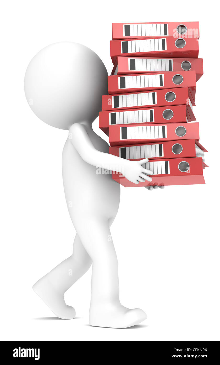3D little human character carrying a large pile of Ring Binders. Red. People series. Stock Photo