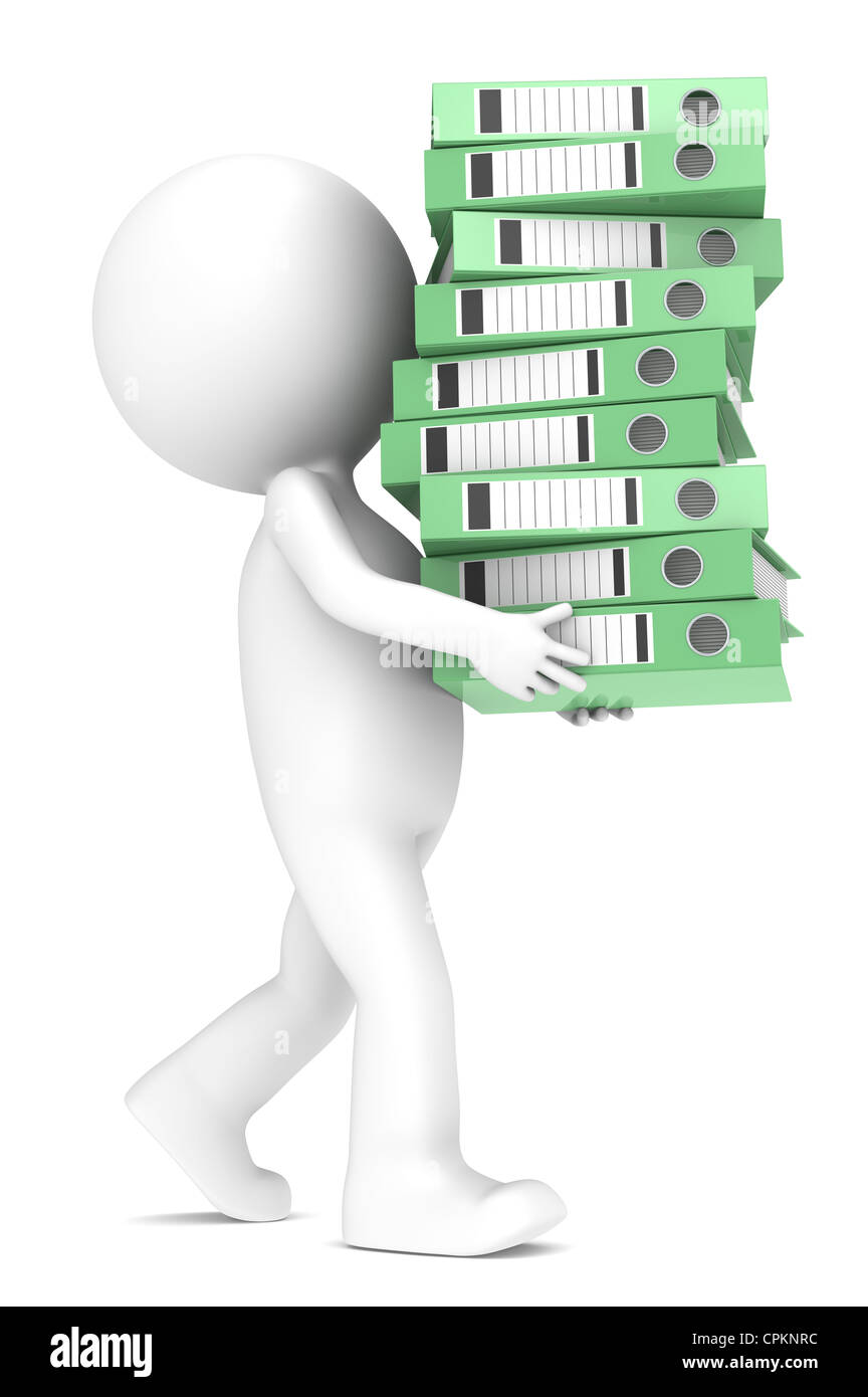 3D little human character carrying a large green pile of Ring Binders. People series. Stock Photo