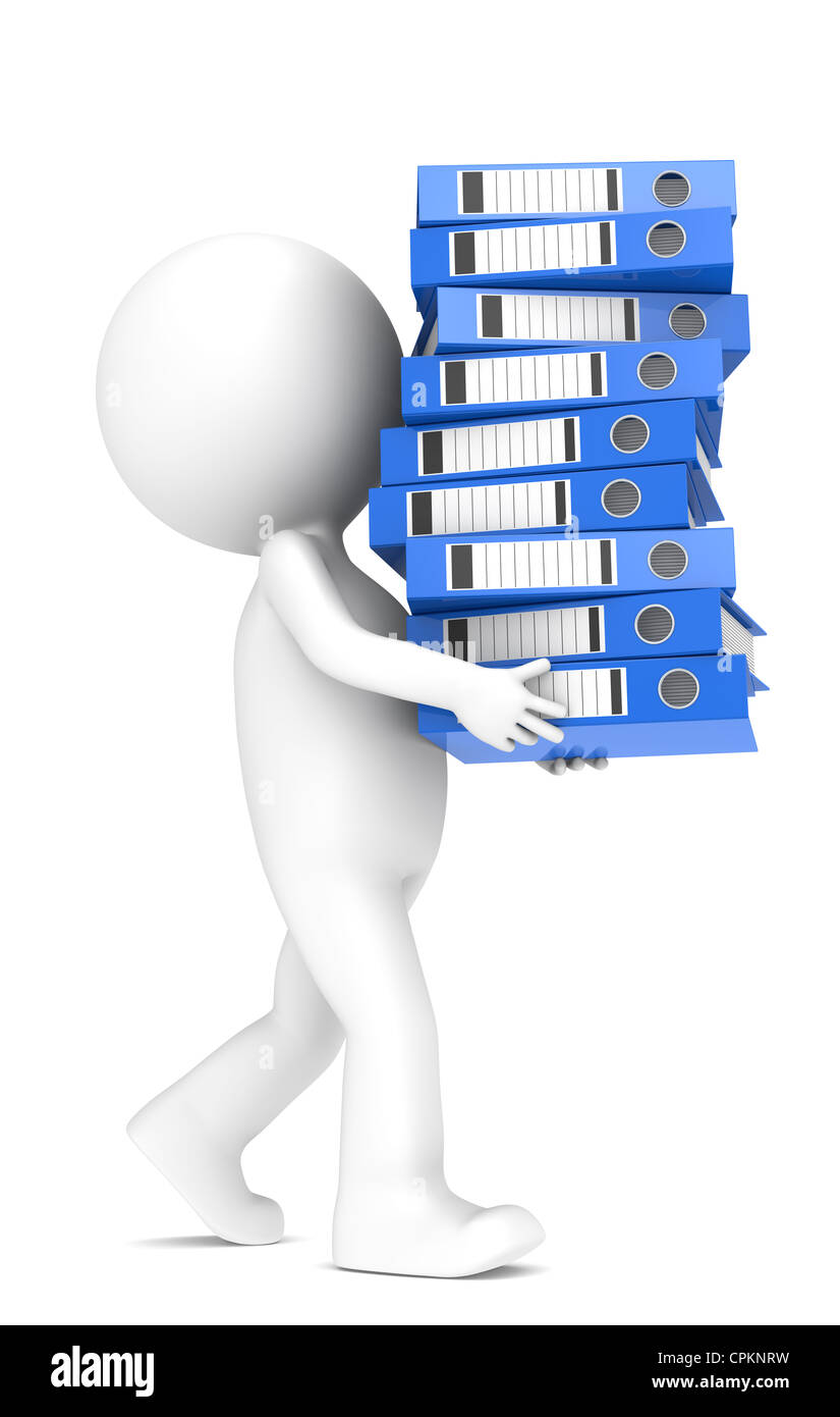 3D little human character carrying a large pile of Ring Binders. Blue. People series. Stock Photo