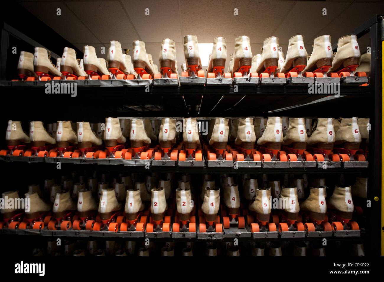 A wall of roller skates. Stock Photo
