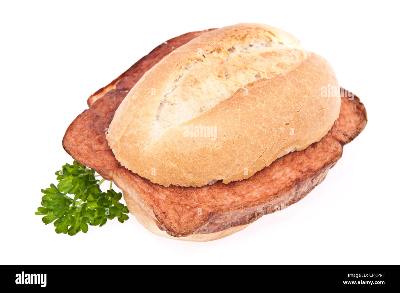 German meat loaf on a roll isolated on white background Stock Photo - Alamy