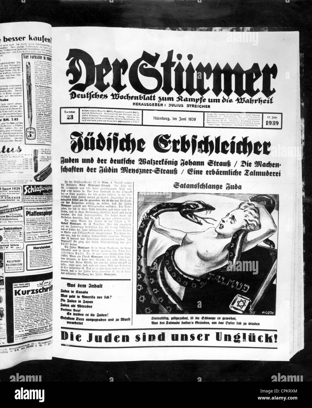 Front page of the Nazi newspaper 'Der Stuermer', 1936 Stock Photo