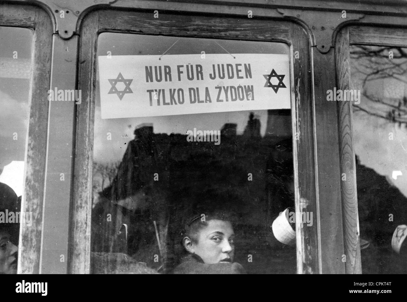 Segregated tram for Jews in Warsaw, October 1940 (b/w photo) Stock Photo