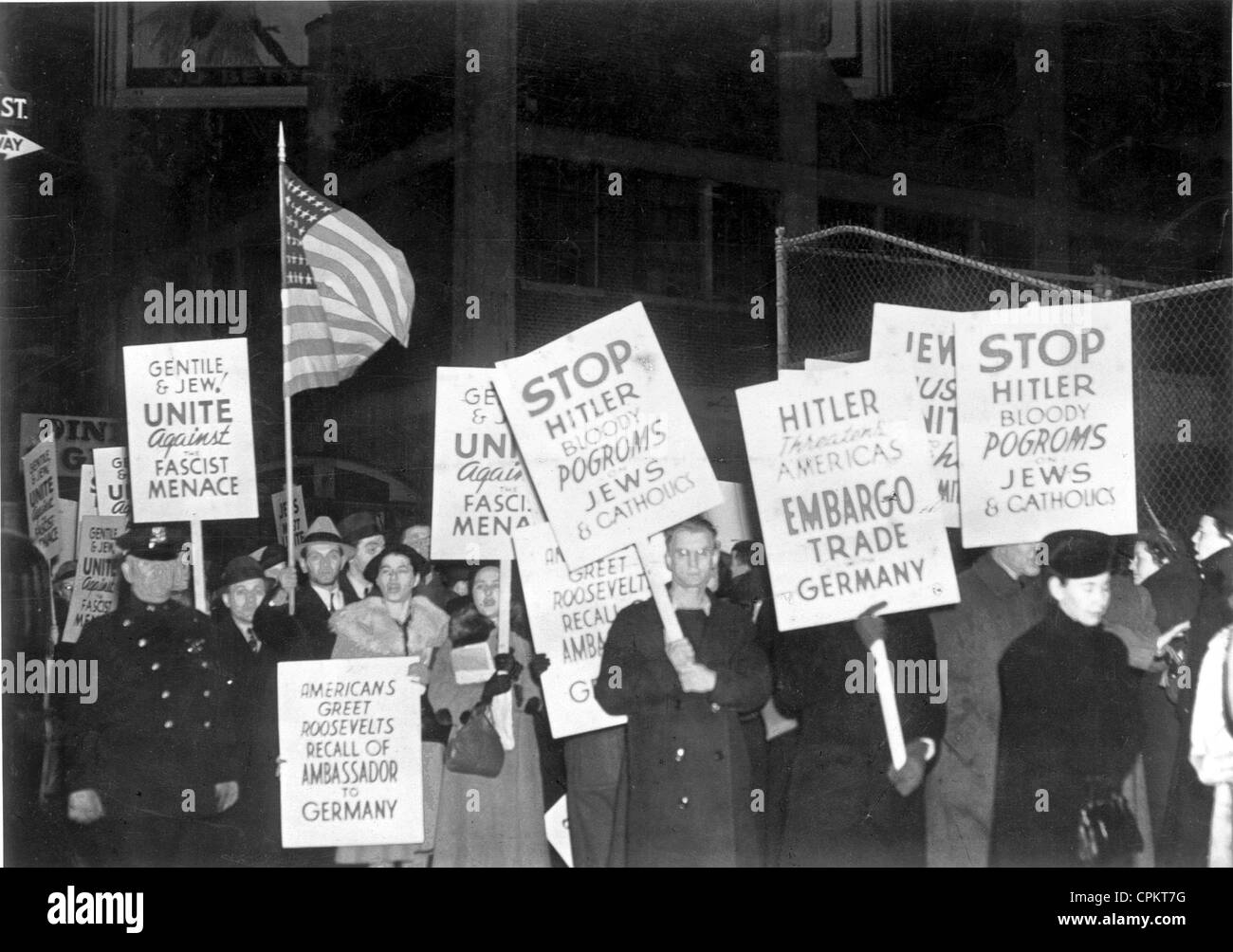 An anti-Nazi demonstration in New York following Kristallnacht, New York City, November 1938 (b/w photo) Stock Photo
