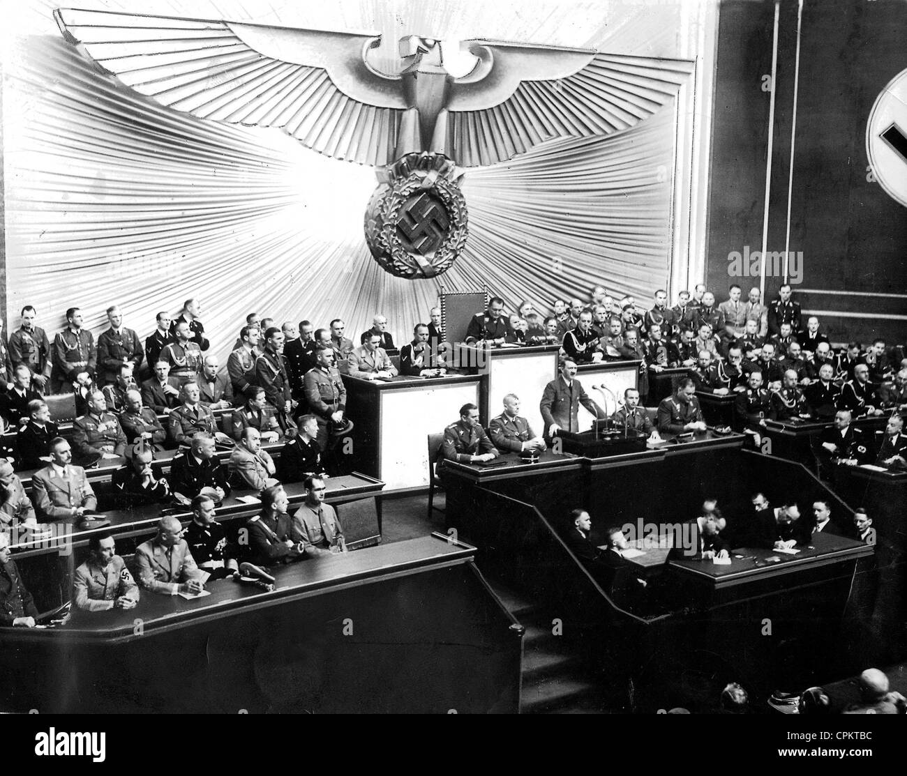 Chancellor Adolf Hitler during his speech to the Reichstag announcing the invasion of Poland, 1st September 1939 (b/w photo) Stock Photo