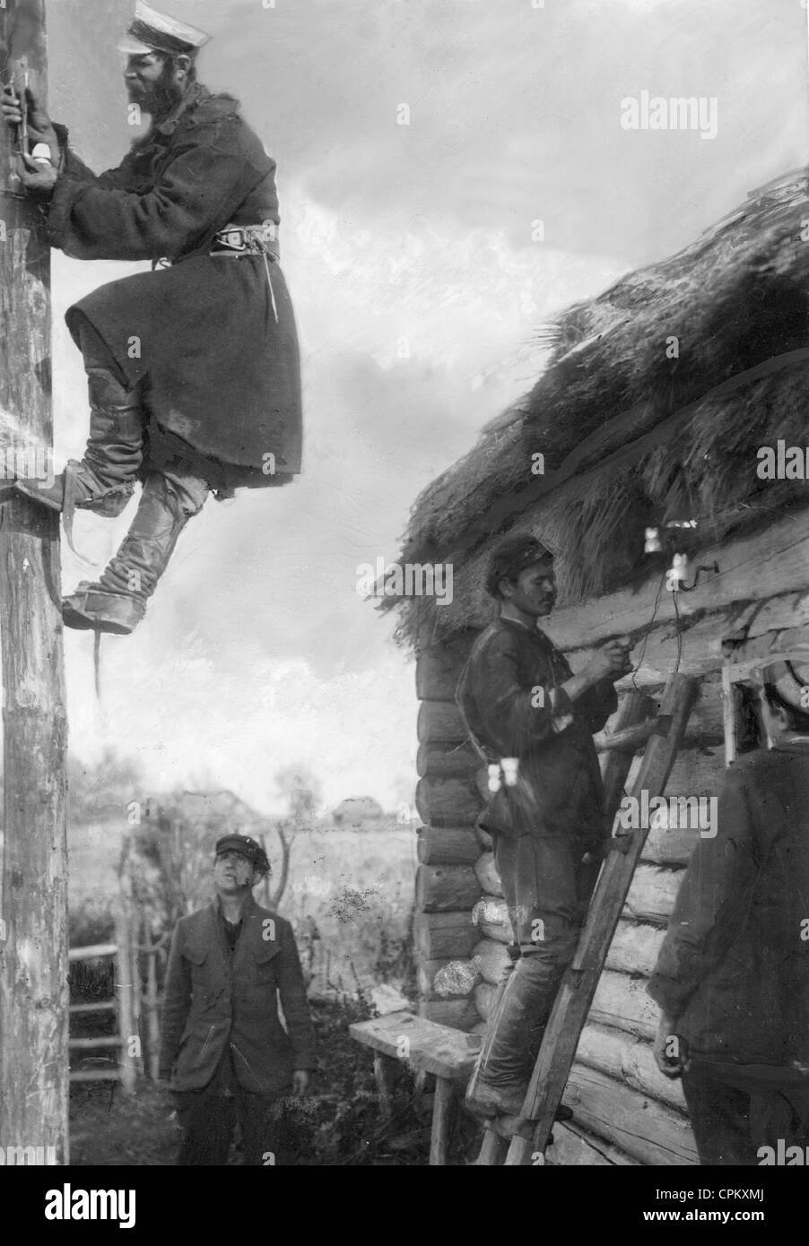 Electrification of a village in the Soviet Union, 1927 Stock Photo