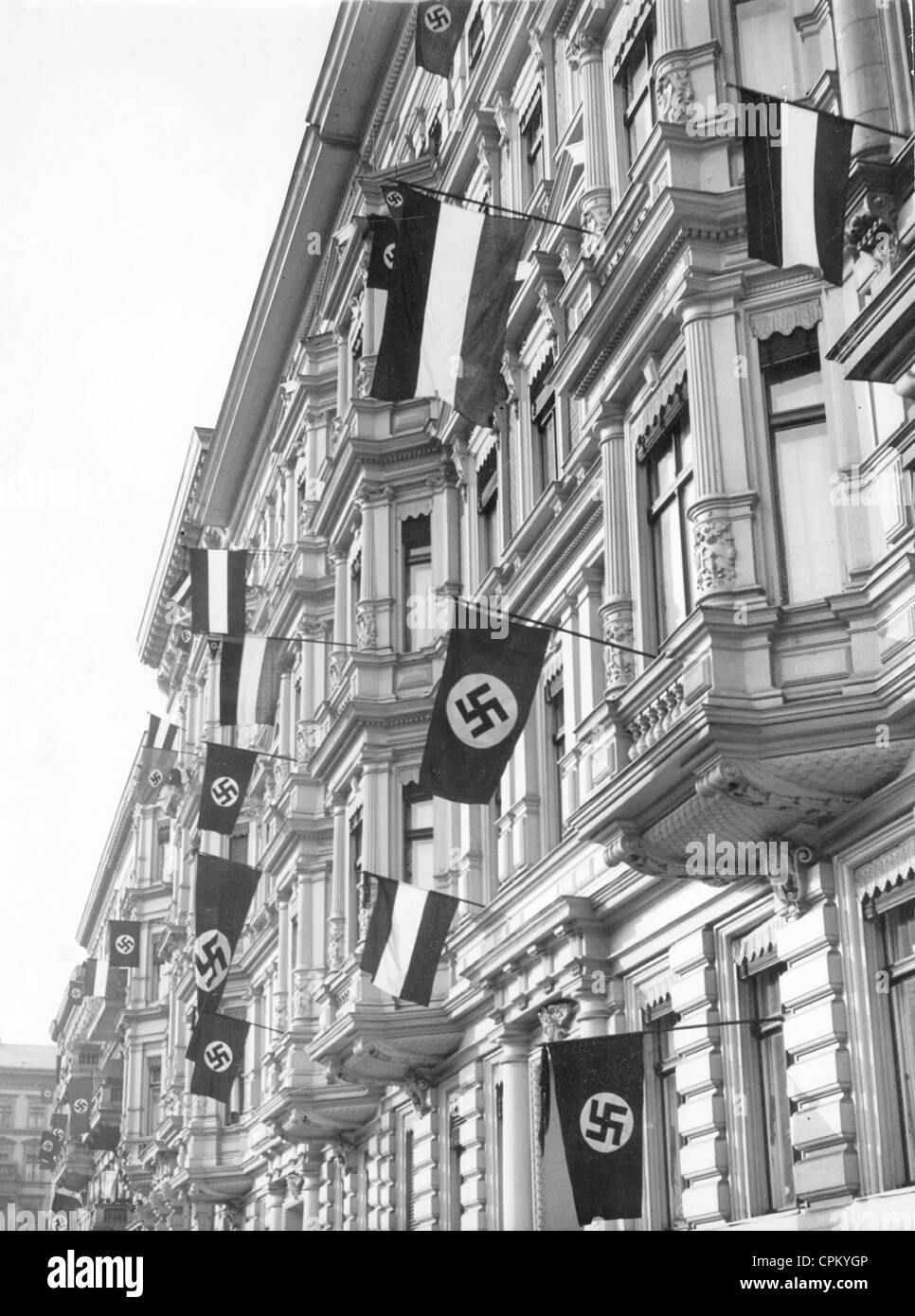 Flags in a street in Berlin on the Memorial Day, 1935 Stock Photo