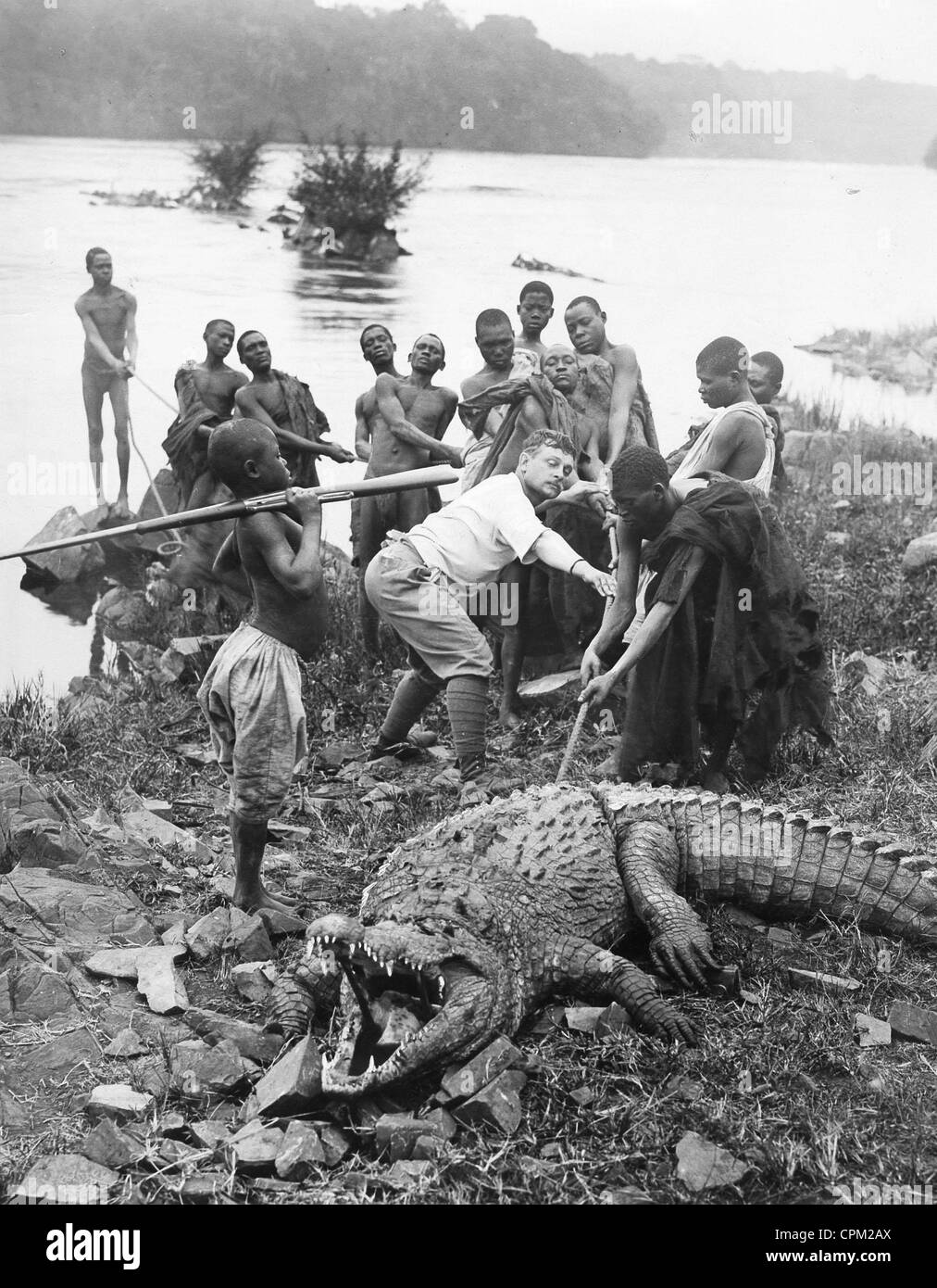 1910 Wood Engraving Crocodile Hunting Malay People Alir Malaysia