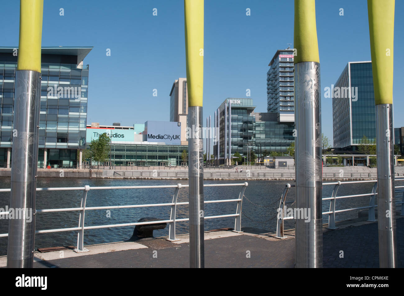 Media City UK, Salford Quays. In the foreground is the sculpture Were the Wild Things Were Created by Unusual. Stock Photo