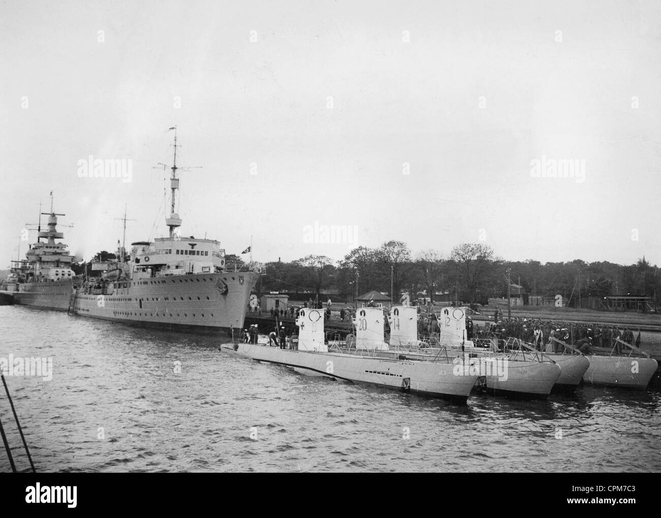 German submarines and a submarine escort vessel in Swinoujscie, 1936 Stock Photo