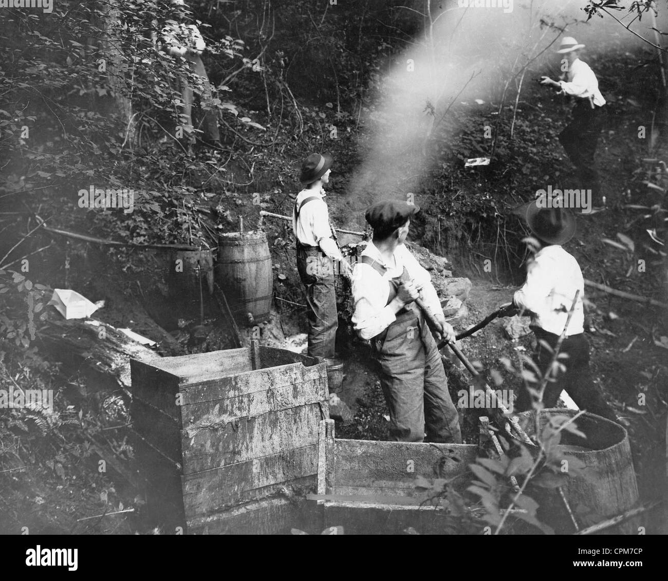 Lifting of a distillery during the Prohibition in the United States, 1932 Stock Photo
