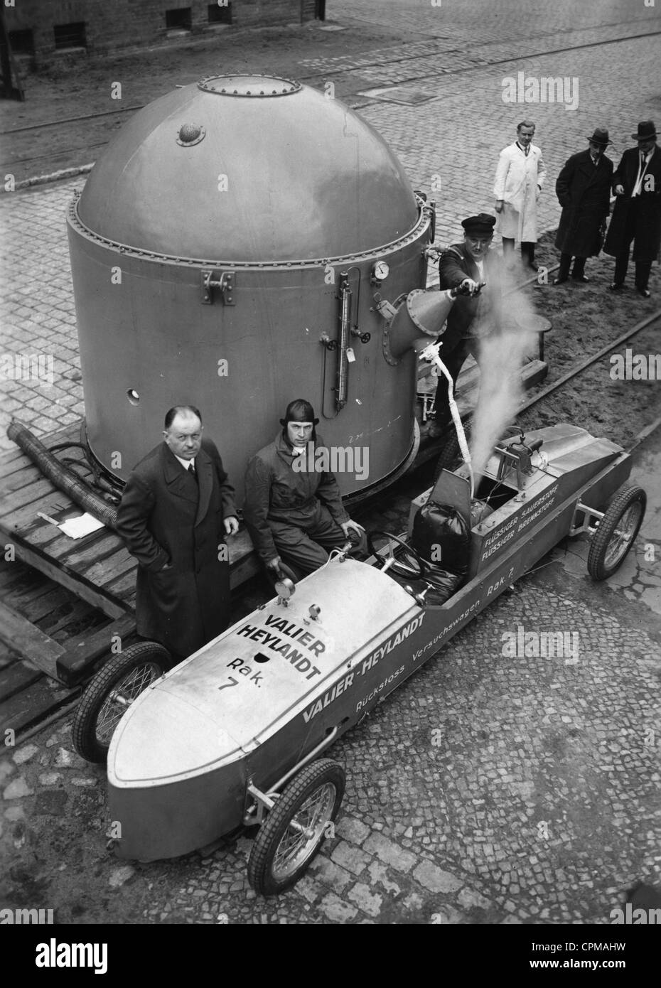 Dr. Heylandt and Max Valierwith their rocket car, 1930 Stock Photo