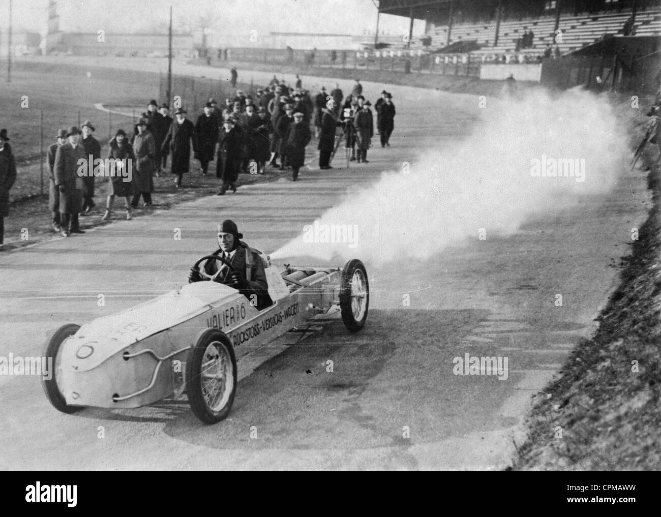 Max Valier during a record-breaking run with his rocket car on the Avus, 1929 Stock Photo