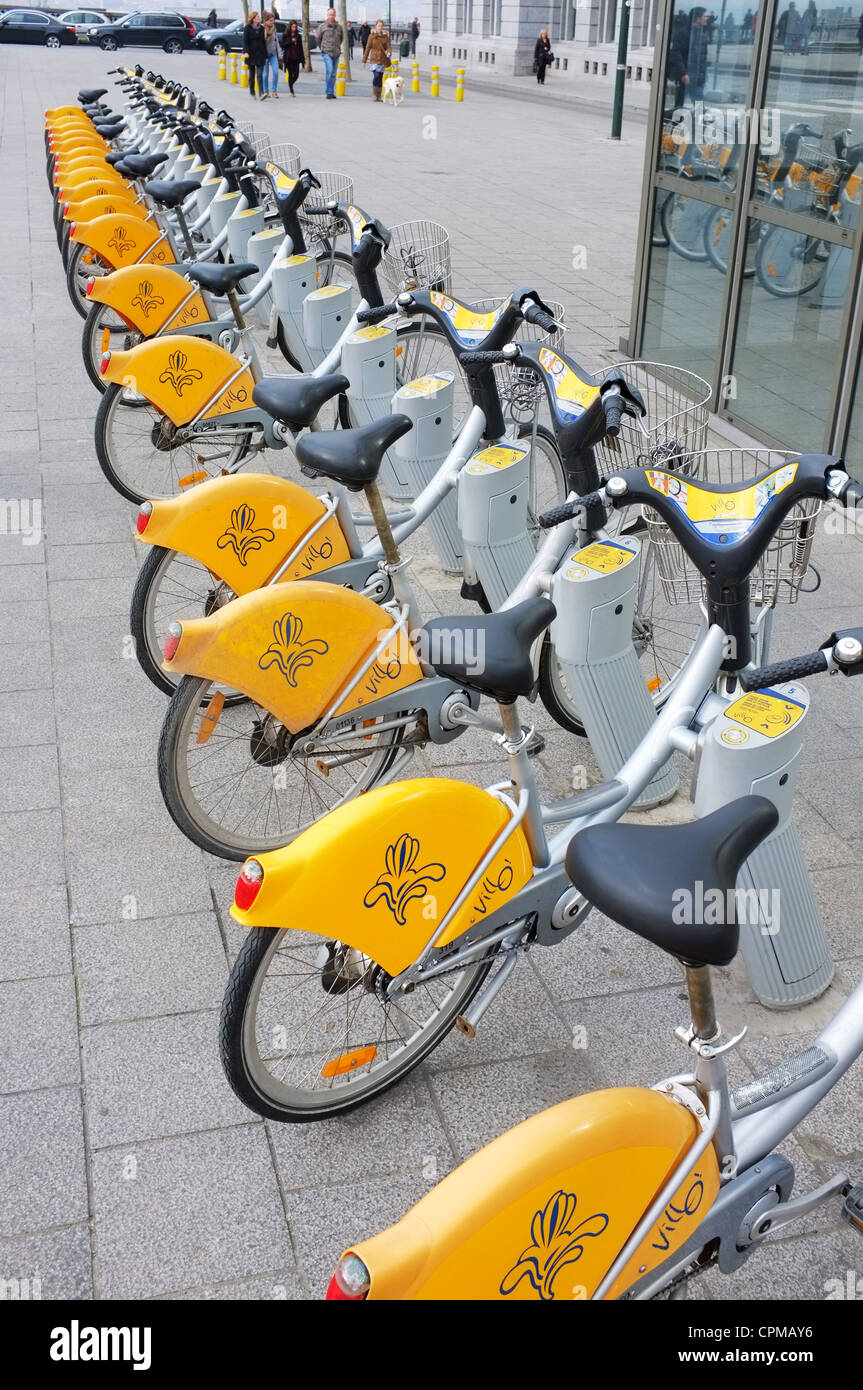 Bikes for hire, 'park and ride' scheme Brussels city centre, Belgium. Stock Photo