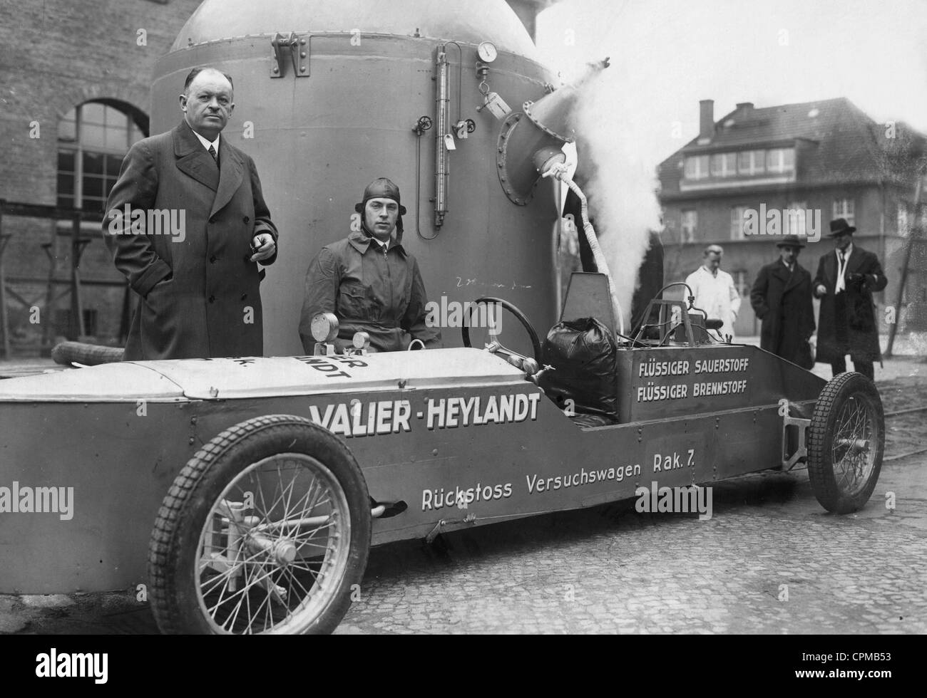 Dr. Heylandt and Max Valier with their ??rocket car, 1930 Stock Photo