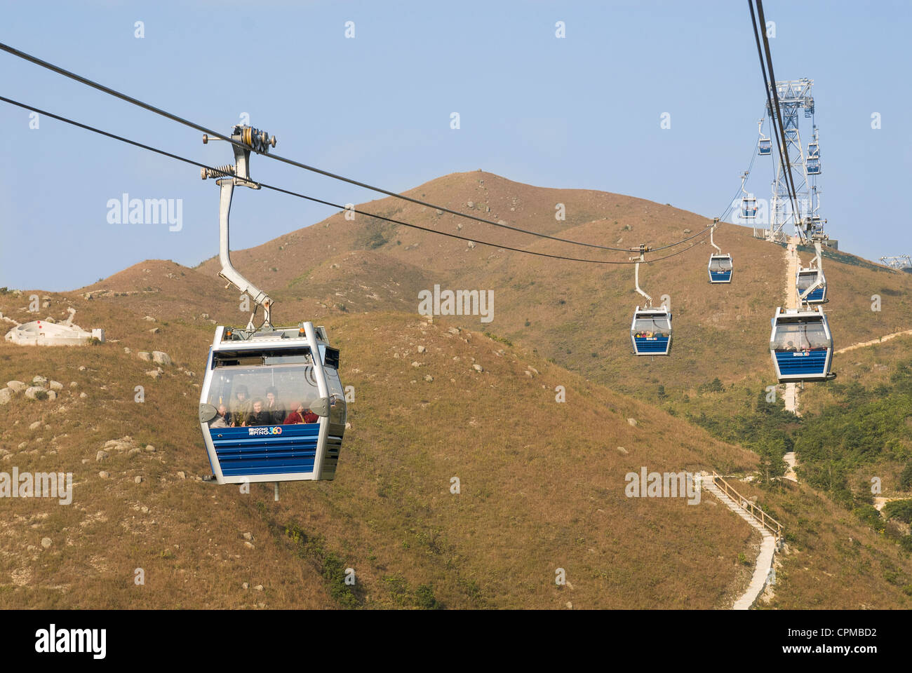 Ngong Ping Skyrail is a cable car that connects Tung Chung Town Centre and Ngong Ping on Lantau Island. Hong Kong, China. Stock Photo