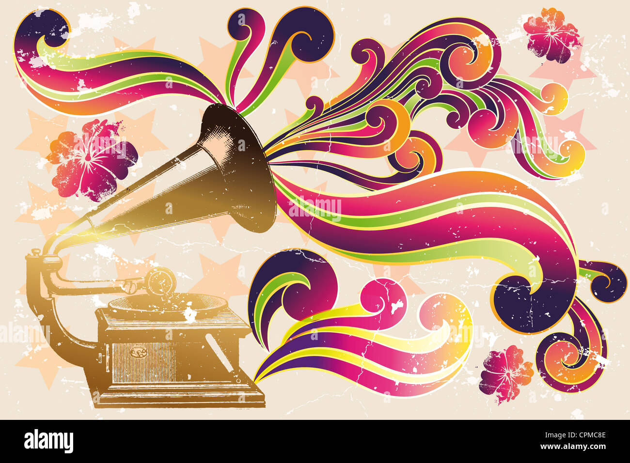 Retro vintage poster with record player, hibiscus, colorful waves and  shapes, stars on grunge background Stock Photo - Alamy