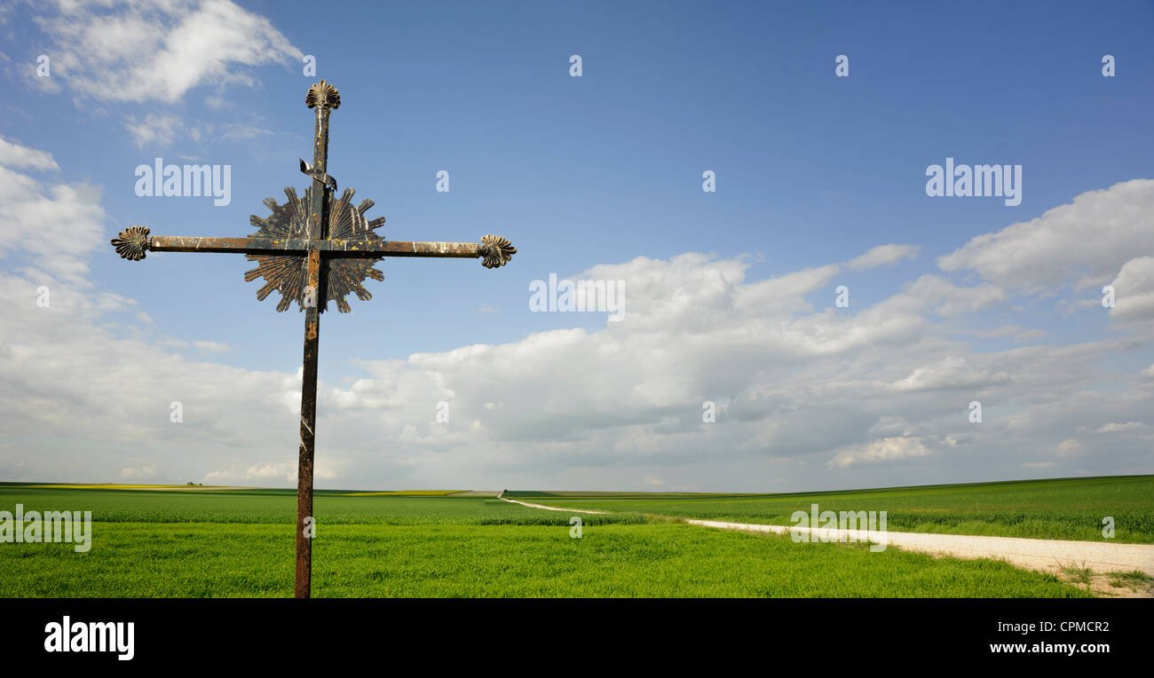 Religious cross near a field, Marne, Champagne Ardennes region, France Stock Photo