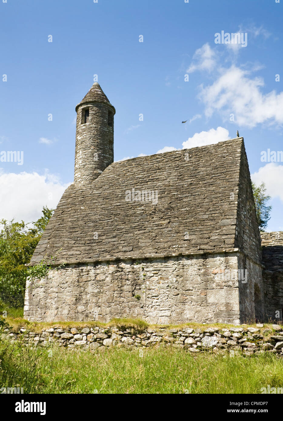 Symbol of Ireland - Saint Kevin's Church (Kitchen) at Glendalough National Heritage Center in Wicklow Mountains. Stock Photo