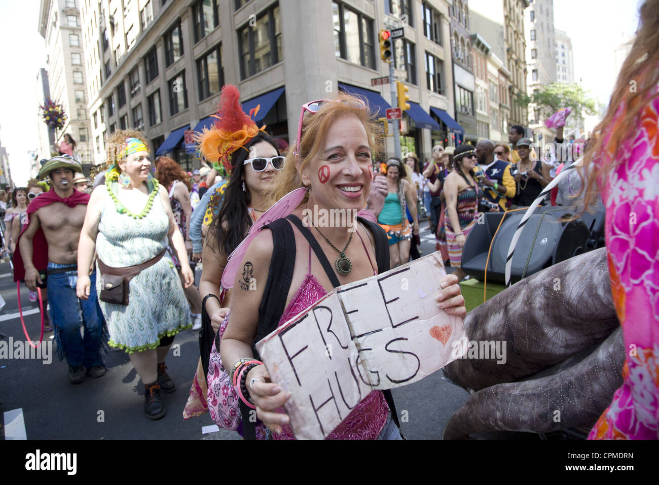 Annual Dance Parade in NYC along Broadway. Free Hugs Stock Photo